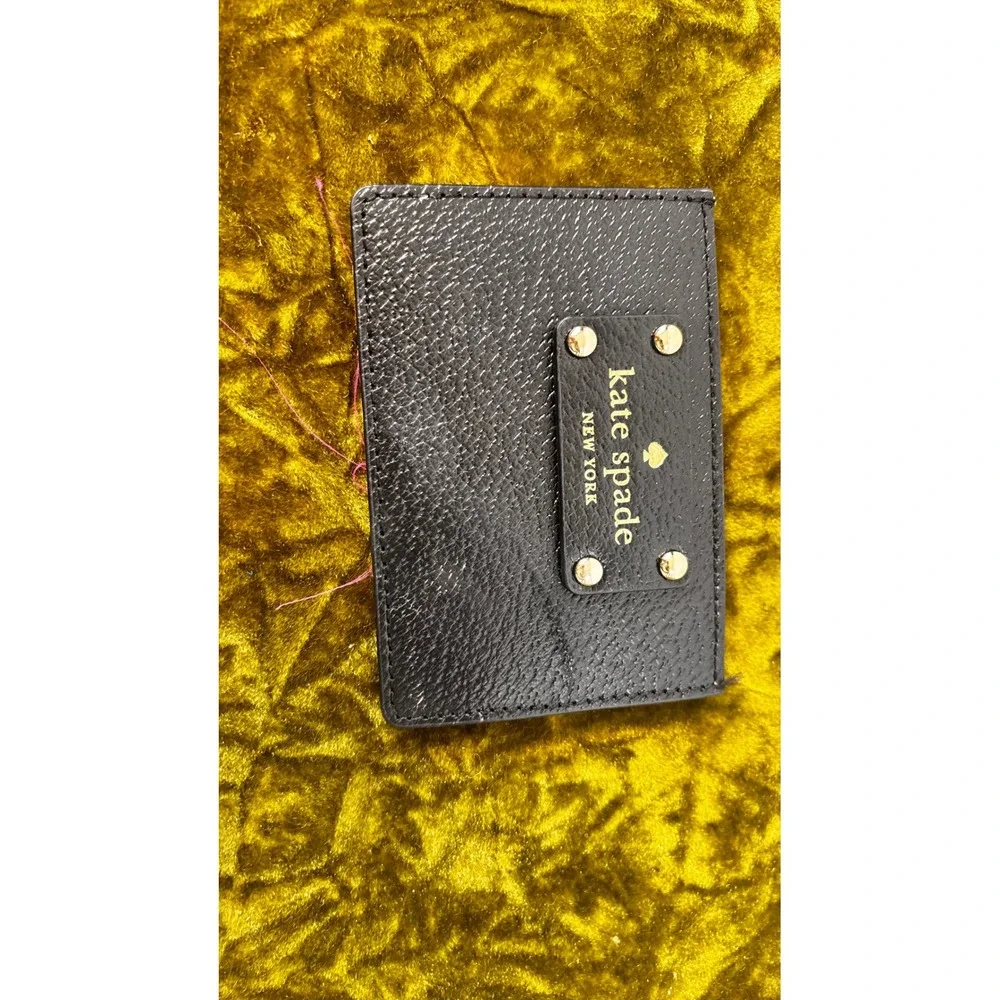 Kate Spade New York Black Leather Card Holder Wallet‎ Gold Logo Plaque